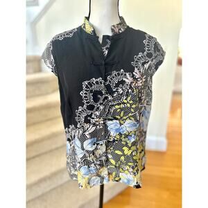 Citron Santa Monica Black Mandarin Cap Sleeve Silk Lace Floral Pattern Blouse